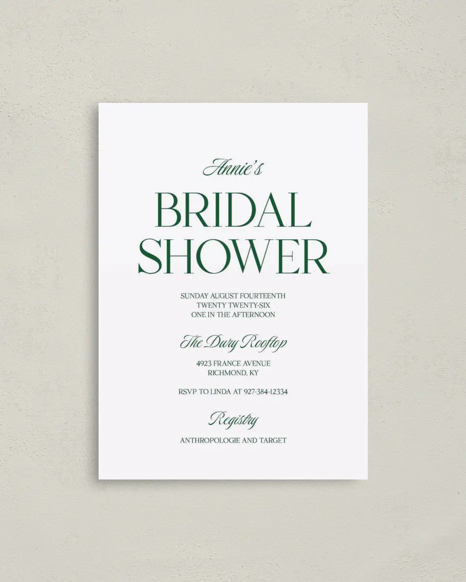 This is a 4" x 5.6" Bridal Shower Invitation Postcard called Fancy Lady printed in full color on Soft Touch Finish paper