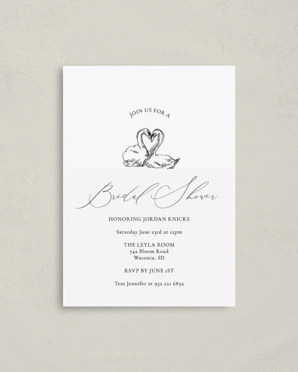 This is a 4" x 5.6" Bridal Shower Invitation Postcard called Stunning Swans printed in full color with Gold foil on Soft Touch Finish paper