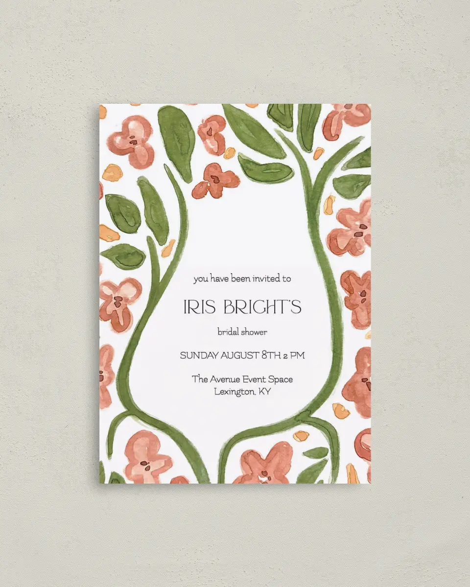 This is a 4" x 5.6" Bridal Shower Invitation Postcard called Budding Blooms printed in full color on Soft Touch Finish paper