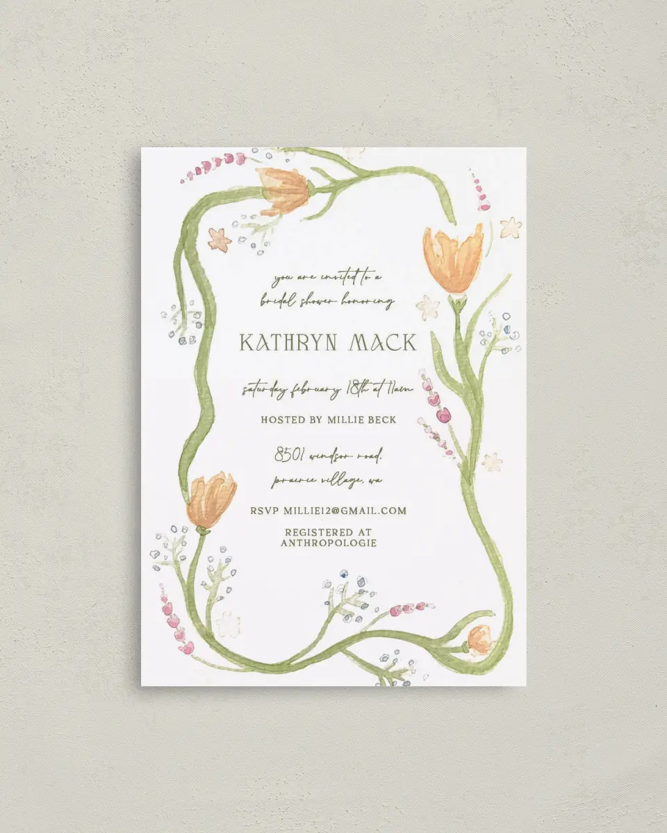 This is a 4" x 5.6" Bridal Shower Invitation Postcard called Garden Party printed in full color on Soft Touch Finish paper