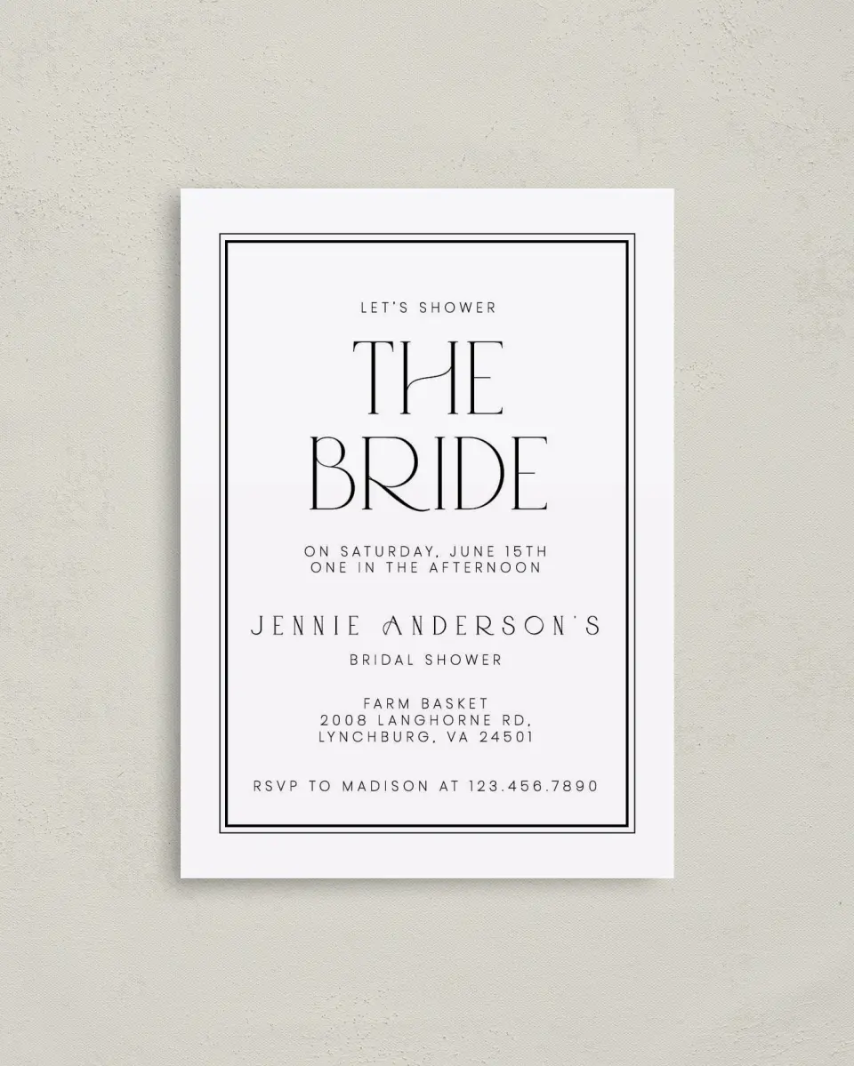 This is a 4" x 5.6" Bridal Shower Invitation Postcard called Clean and Classy printed in full color on Soft Touch Finish paper