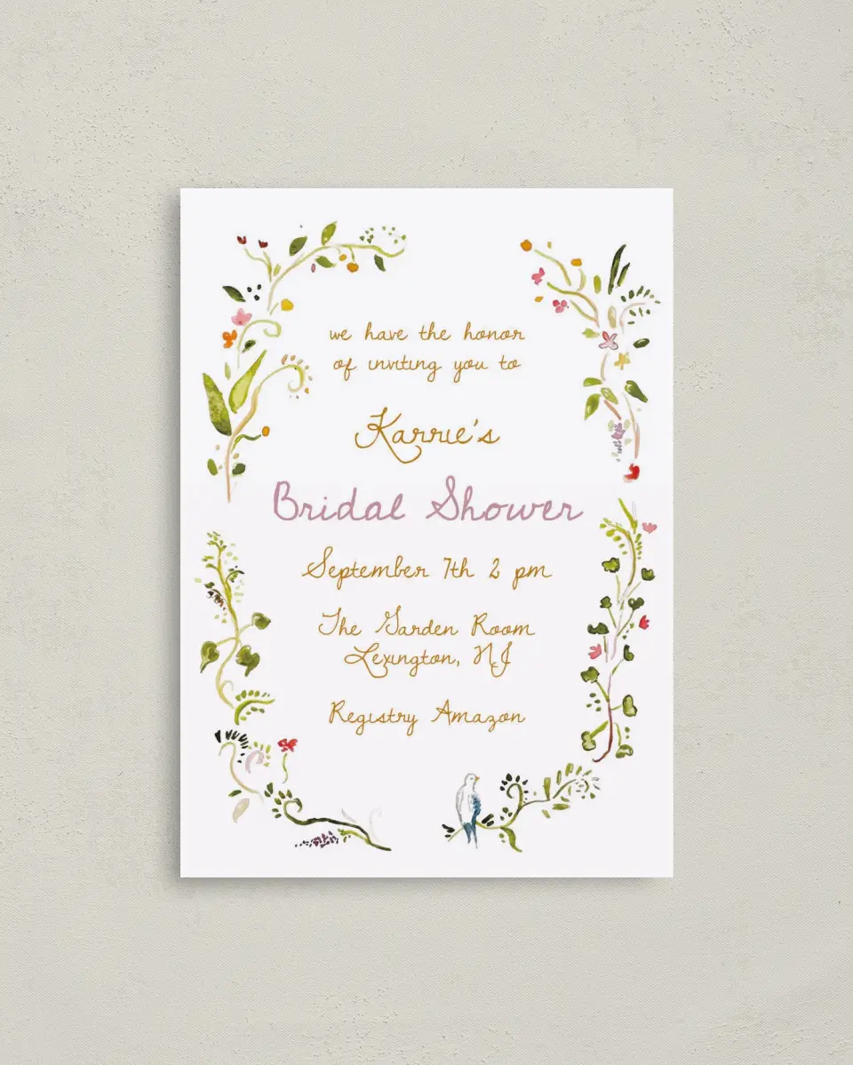 This is a 4" x 5.6" Bridal Shower Invitation Postcard called Fairy Garden printed in full color on Soft Touch Finish paper