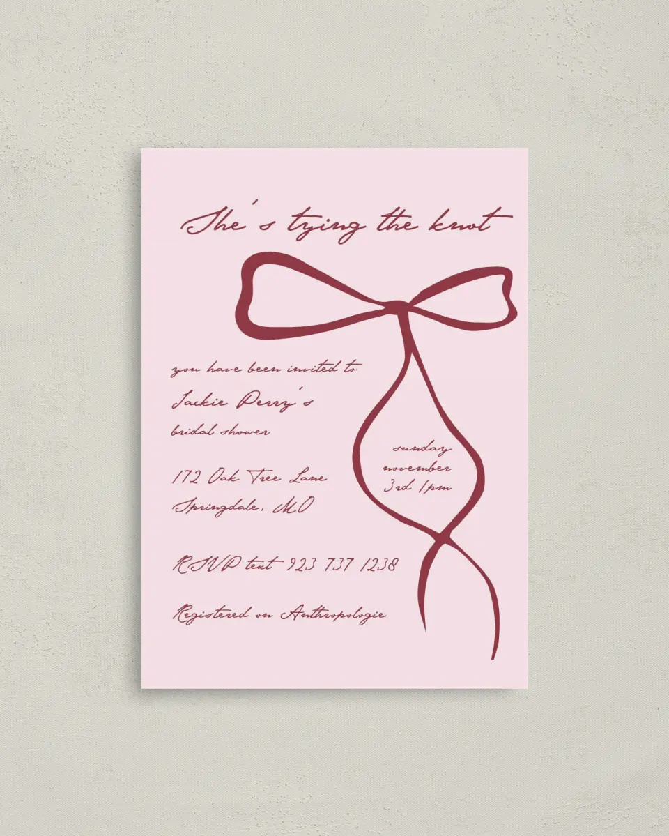 This is a 4" x 5.6" Bridal Shower Invitation Postcard called Tied the Knot printed in full color with Gold foil on Soft Touch Finish paper