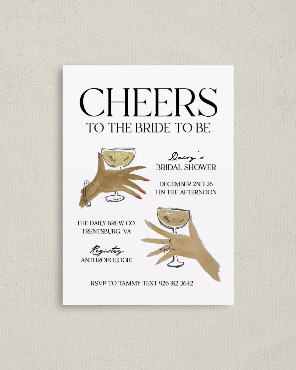 This is a 4" x 5.6" Bridal Shower Invitation Postcard called Cheers! printed in full color on Soft Touch Finish paper