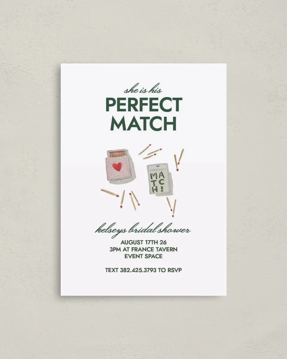 This is a 4" x 5.6" Bridal Shower Invitation Postcard called Perfect Match printed in full color with Silver foil on Soft Touch Finish paper