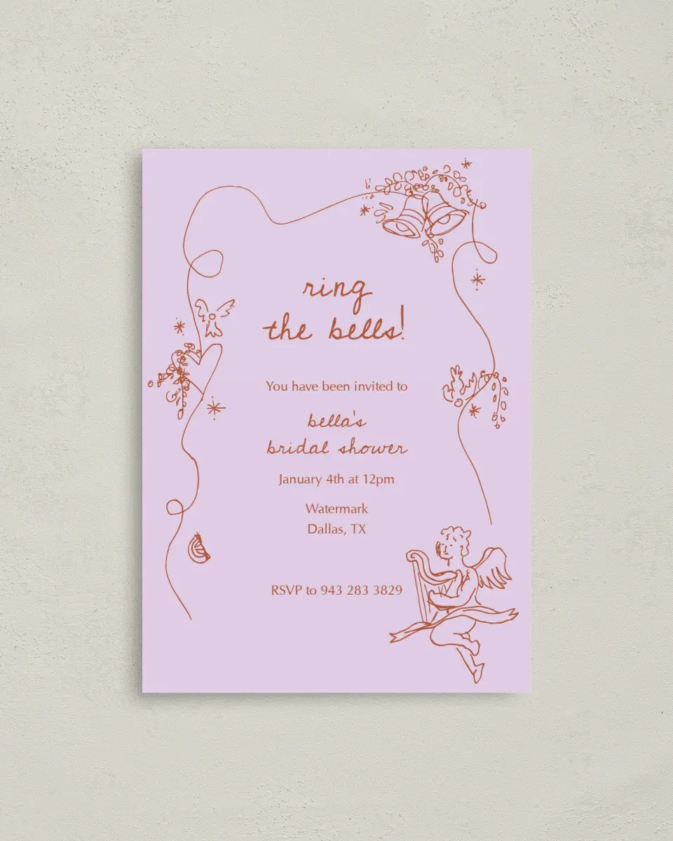 This is a 4" x 5.6" Bridal Shower Invitation Postcard called Bridal Bells printed in full color on Soft Touch Finish paper