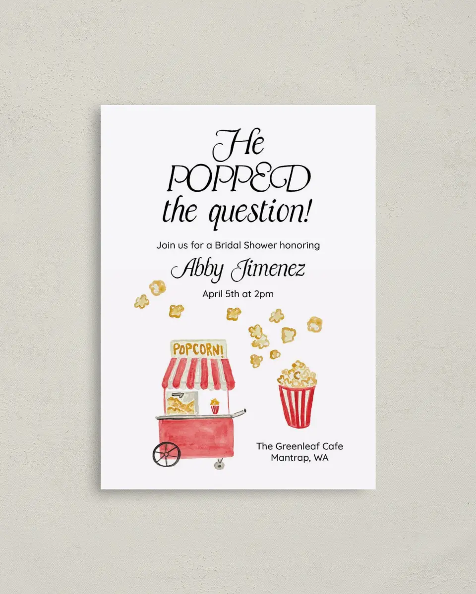 This is a 4" x 5.6" Bridal Shower Invitation Postcard called Popped the Question printed in full color on Soft Touch Finish paper