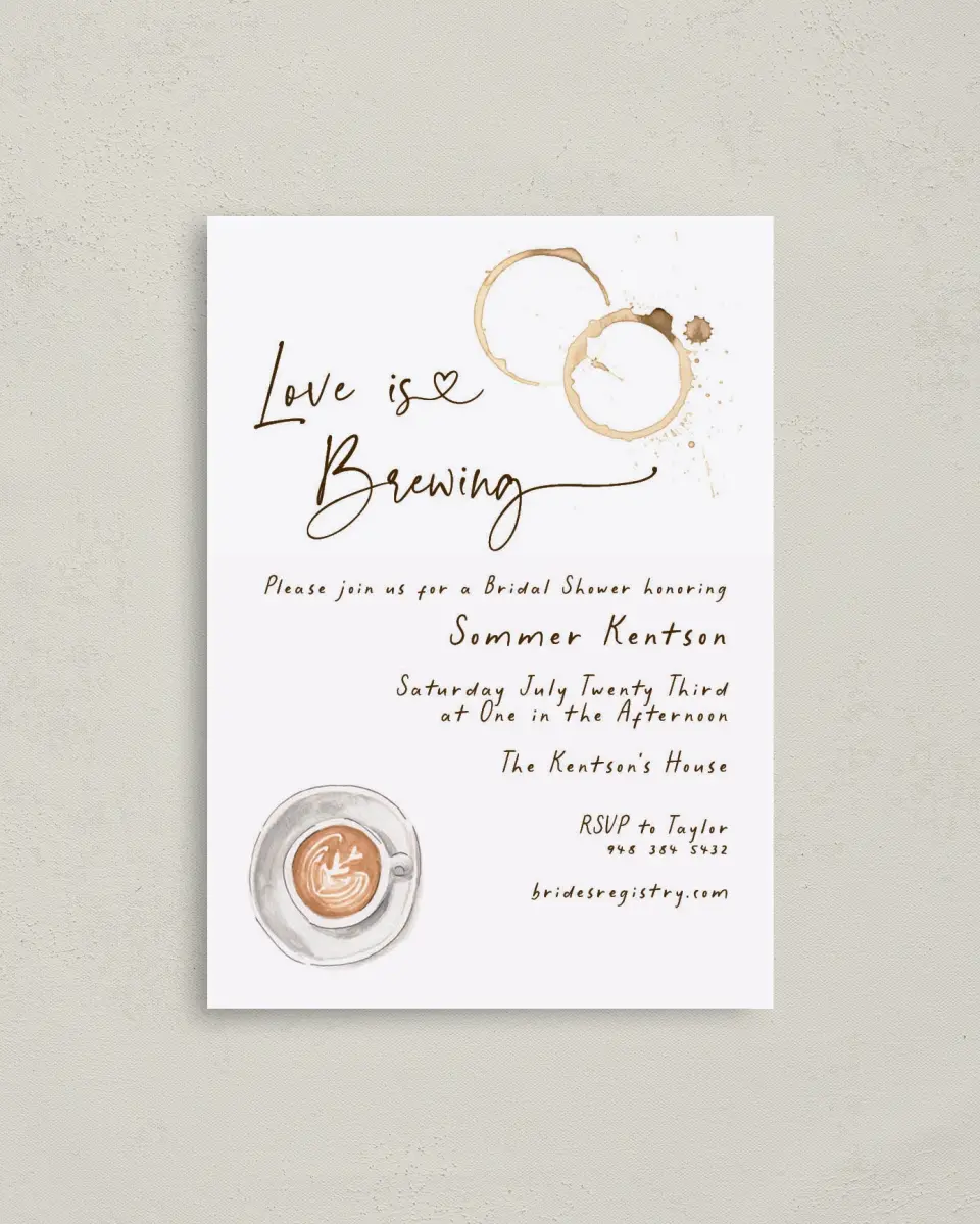 This is a 4" x 5.6" Bridal Shower Invitation Postcard called Love is Brewing printed in full color on Soft Touch Finish paper