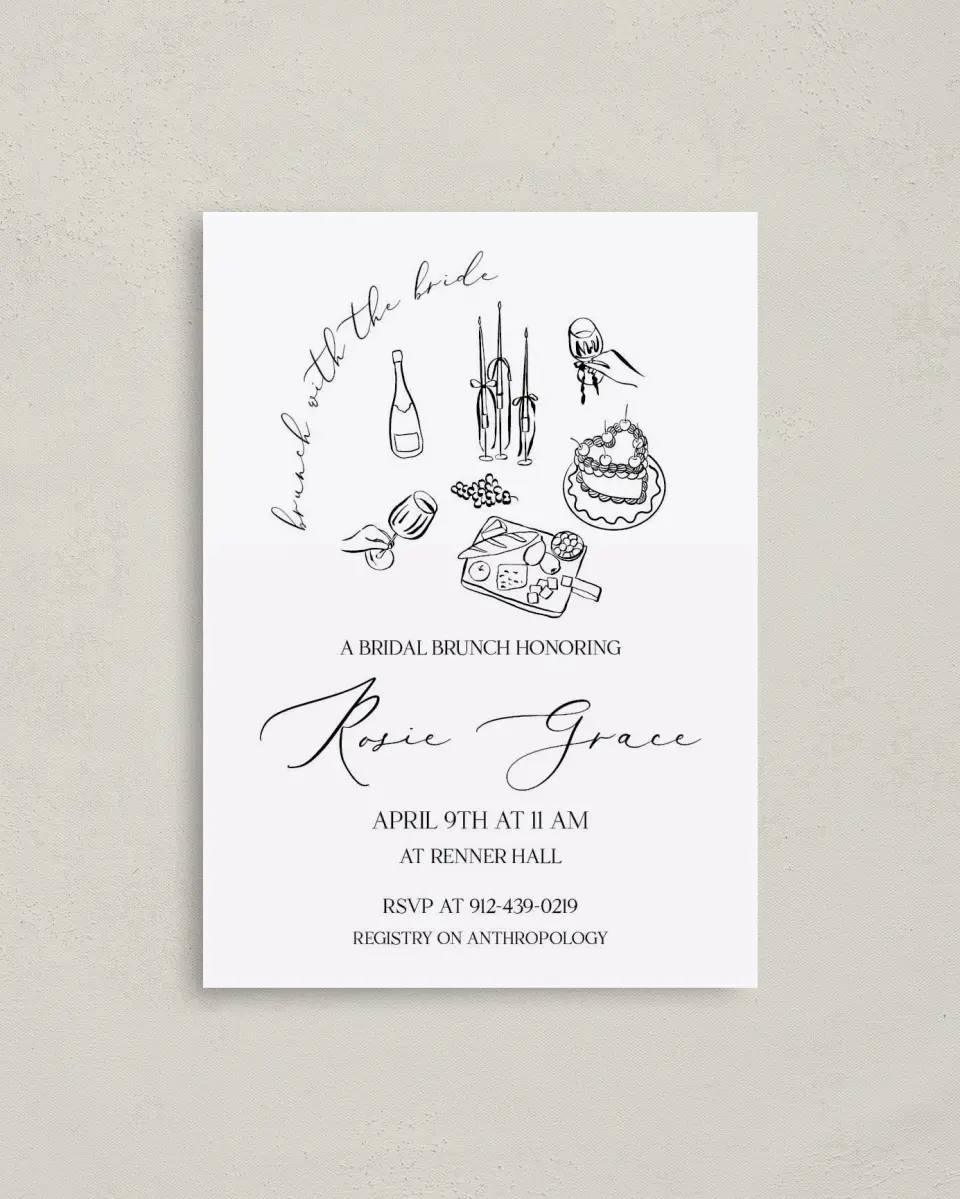 This is a 4" x 5.6" Bridal Shower Invitation Postcard called Stay a While printed in full color on Soft Touch Finish paper