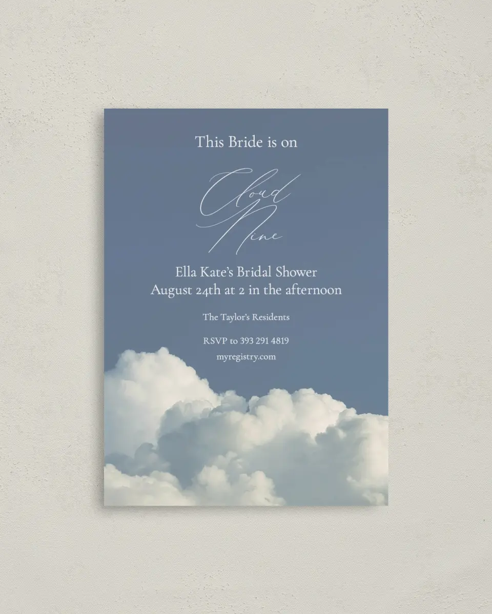 This is a 4" x 5.6" Bridal Shower Invitation Postcard called Cloud 9 printed in full color on Soft Touch Finish paper