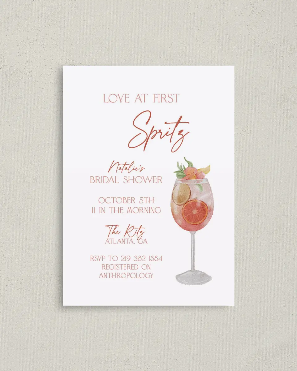 This is a 4" x 5.6" Bridal Shower Invitation Postcard called Love at First Spritz printed in full color on Soft Touch Finish paper