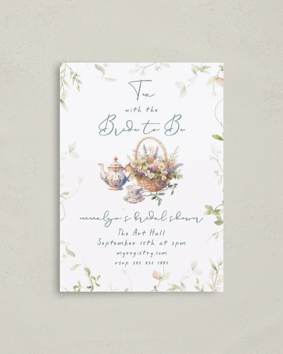 This is a 4" x 5.6" Bridal Shower Invitation Postcard called Tea Party for You printed in full color on Soft Touch Finish paper
