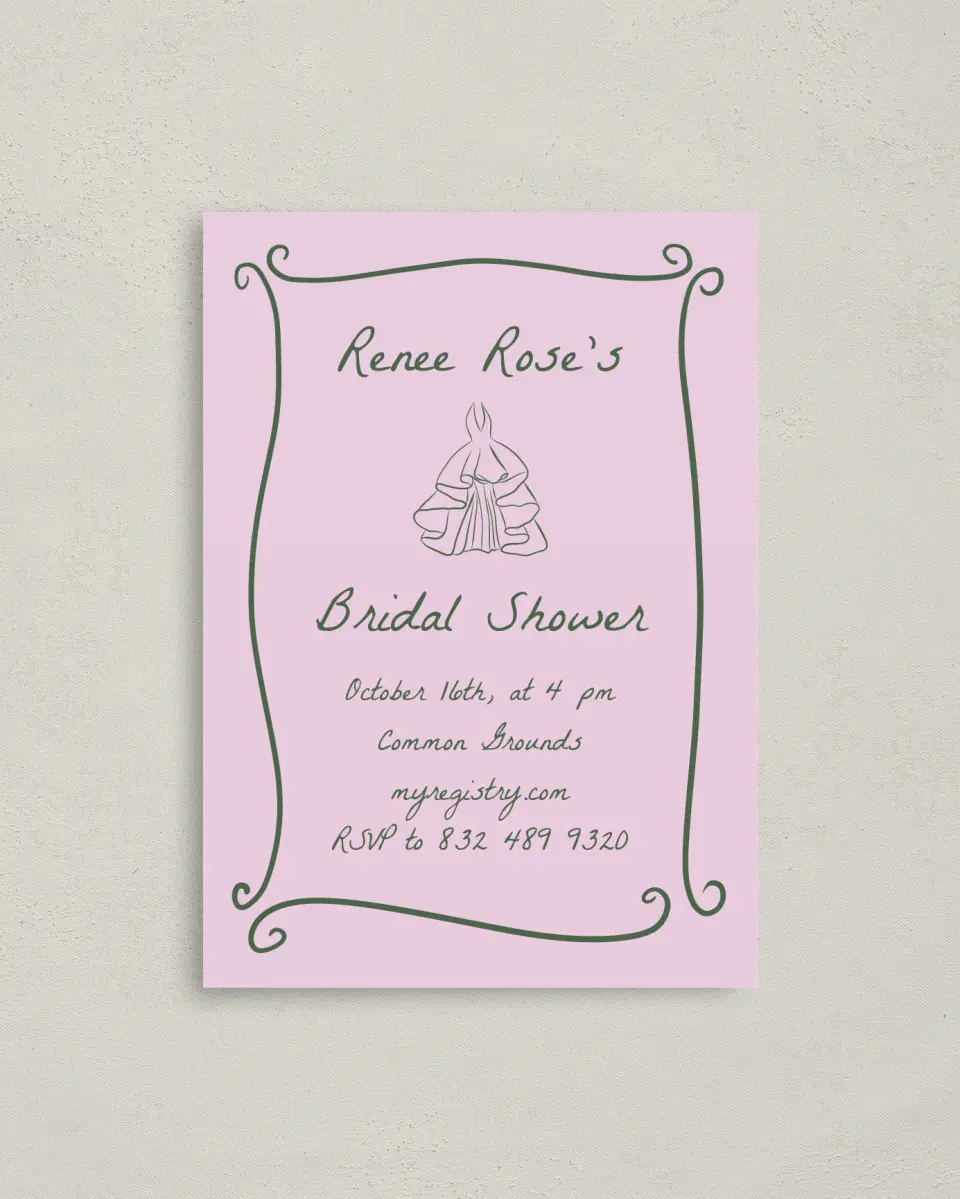 This is a 4" x 5.6" Bridal Shower Invitation Postcard called Pretty & Frilly printed in full color on Soft Touch Finish paper