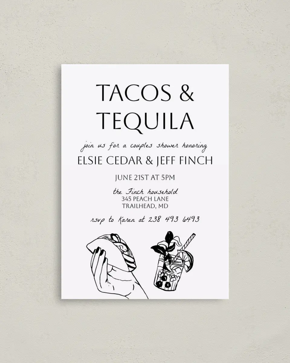This is a 4" x 5.6" Bridal Shower Invitation Postcard called Click Your Drink printed in full color on Soft Touch Finish paper