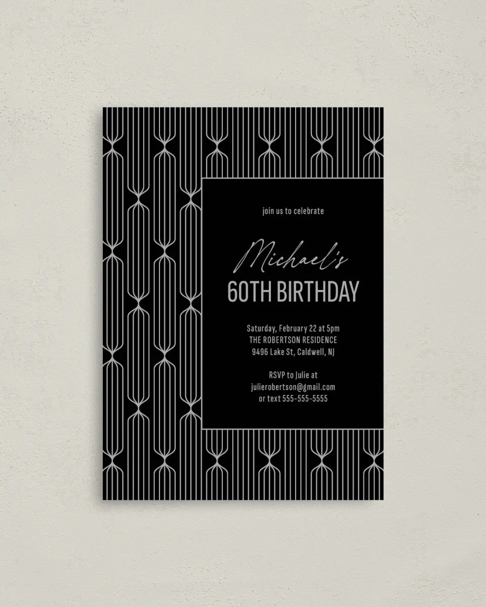 This is a 4" x 5.6" Birthday Party Invitation called Silver & Sleek printed in full color on Soft Touch Finish paper