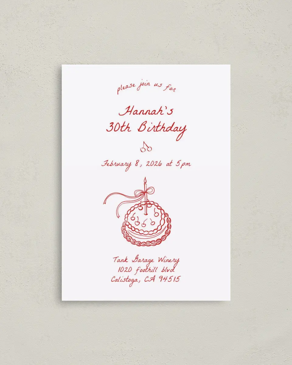 This is a 4" x 5.6" Birthday Party Invitation called Charming Cake printed in full color on Soft Touch Finish paper
