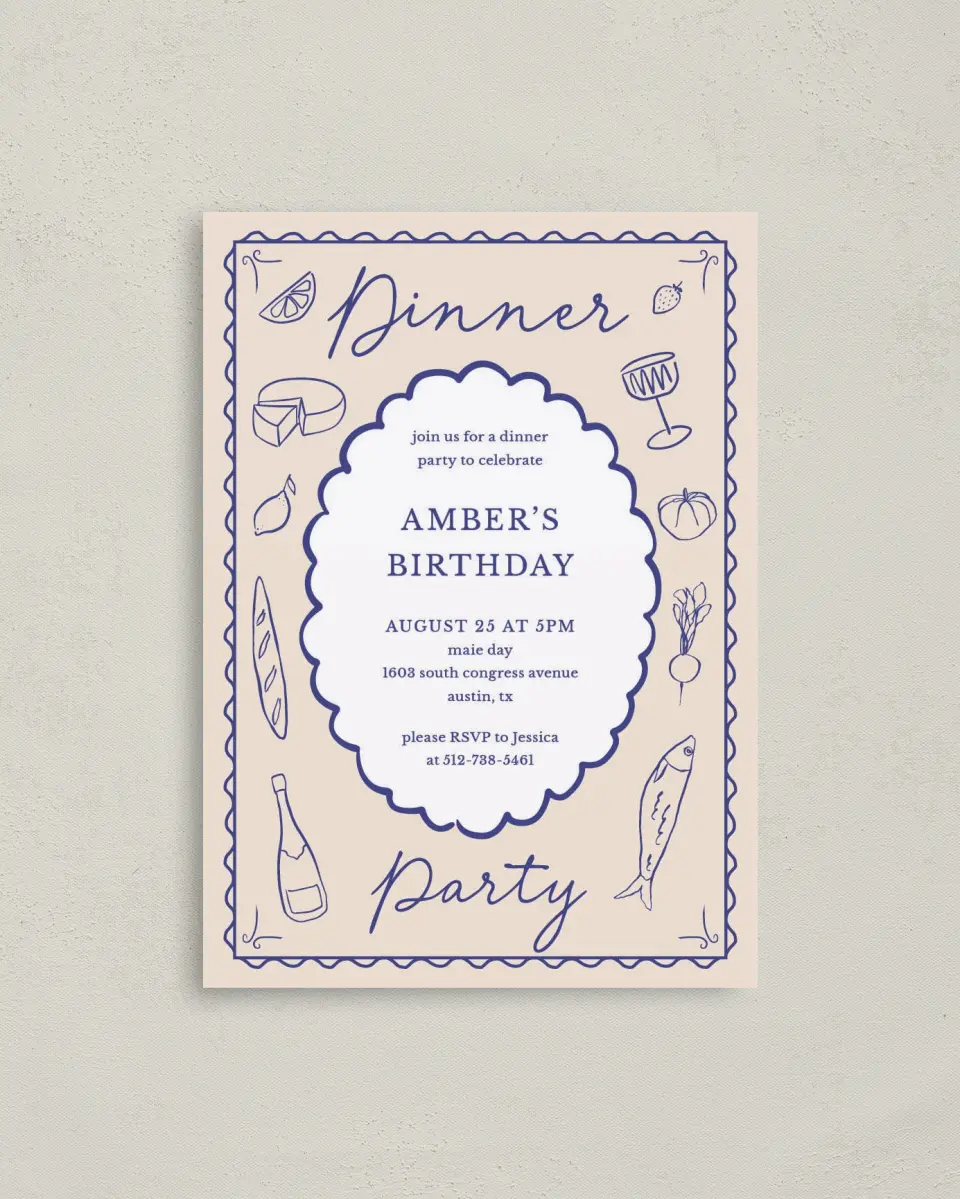 This is a 4" x 5.6" Birthday Party Invitation called Dinner Party printed in full color on Soft Touch Finish paper