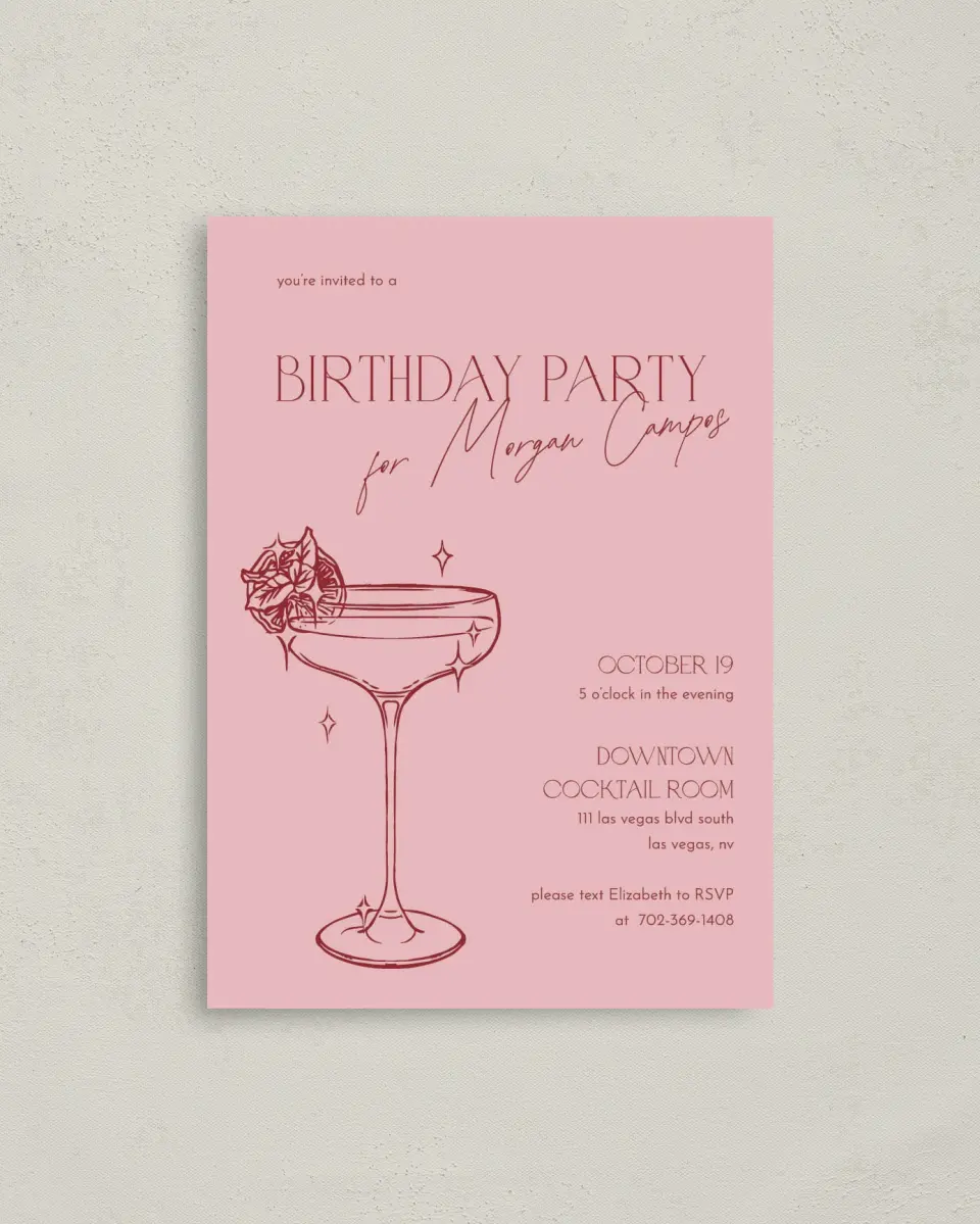 This is a 4" x 5.6" Birthday Party Invitation called Cocktail Hour printed in full color on Soft Touch Finish paper
