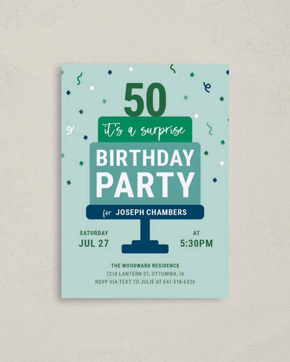 This is a 4" x 5.6" Birthday Party Invitation called Stacked Surprise printed in full color on Soft Touch Finish paper