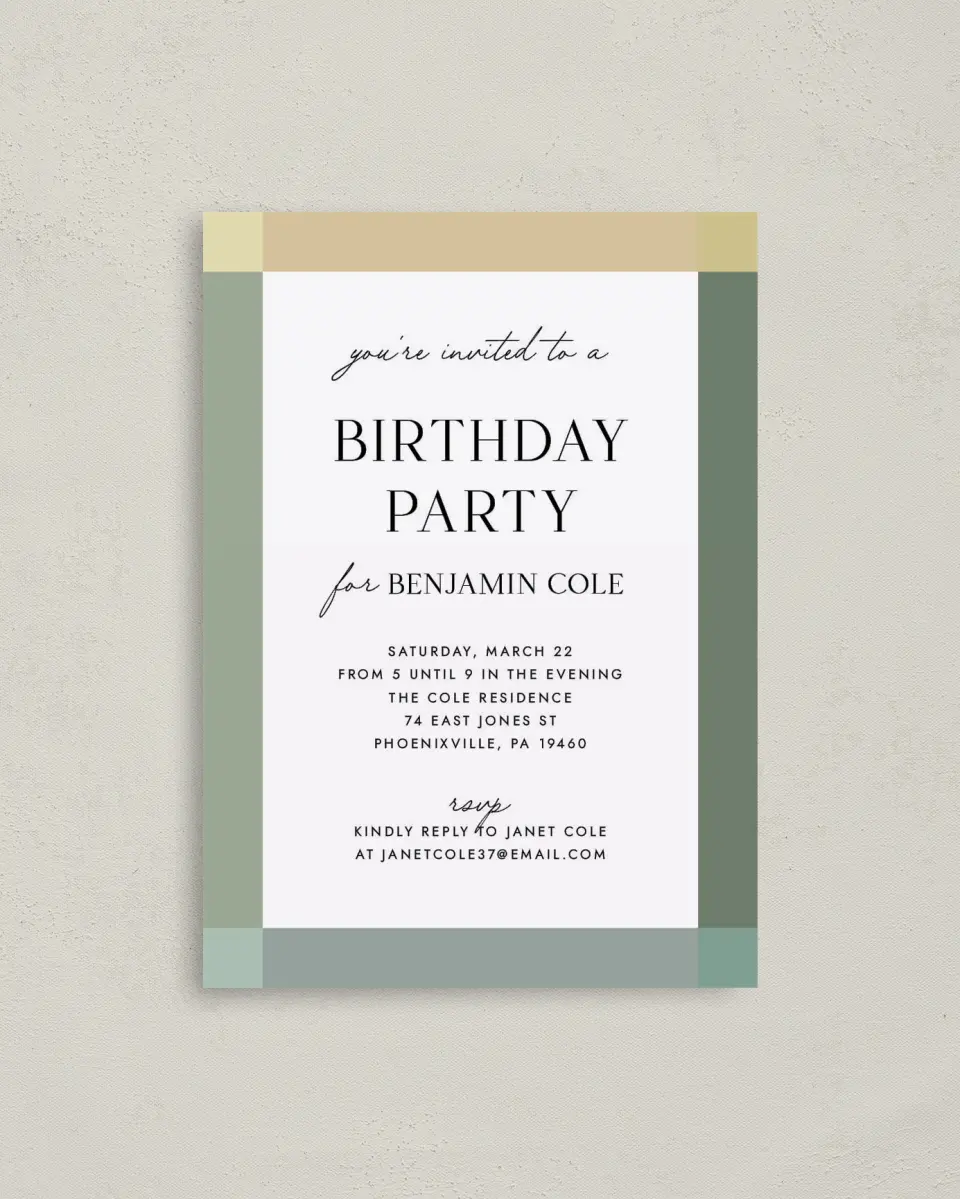 This is a 4" x 5.6" Birthday Party Invitation called Colorblock Celebration printed in full color on Soft Touch Finish paper