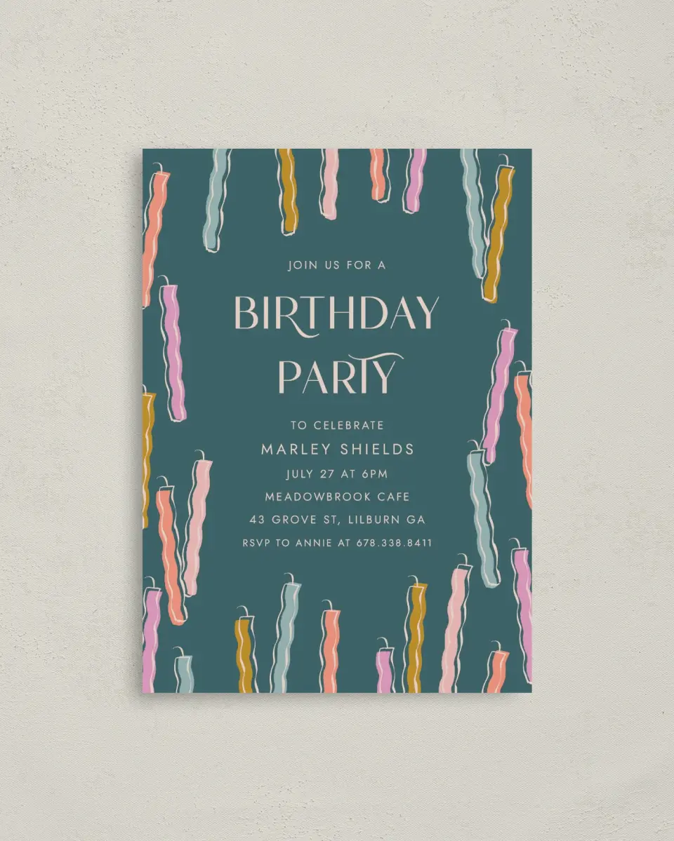 This is a 4" x 5.6" Birthday Party Invitation called Candle Craze printed in full color on Soft Touch Finish paper