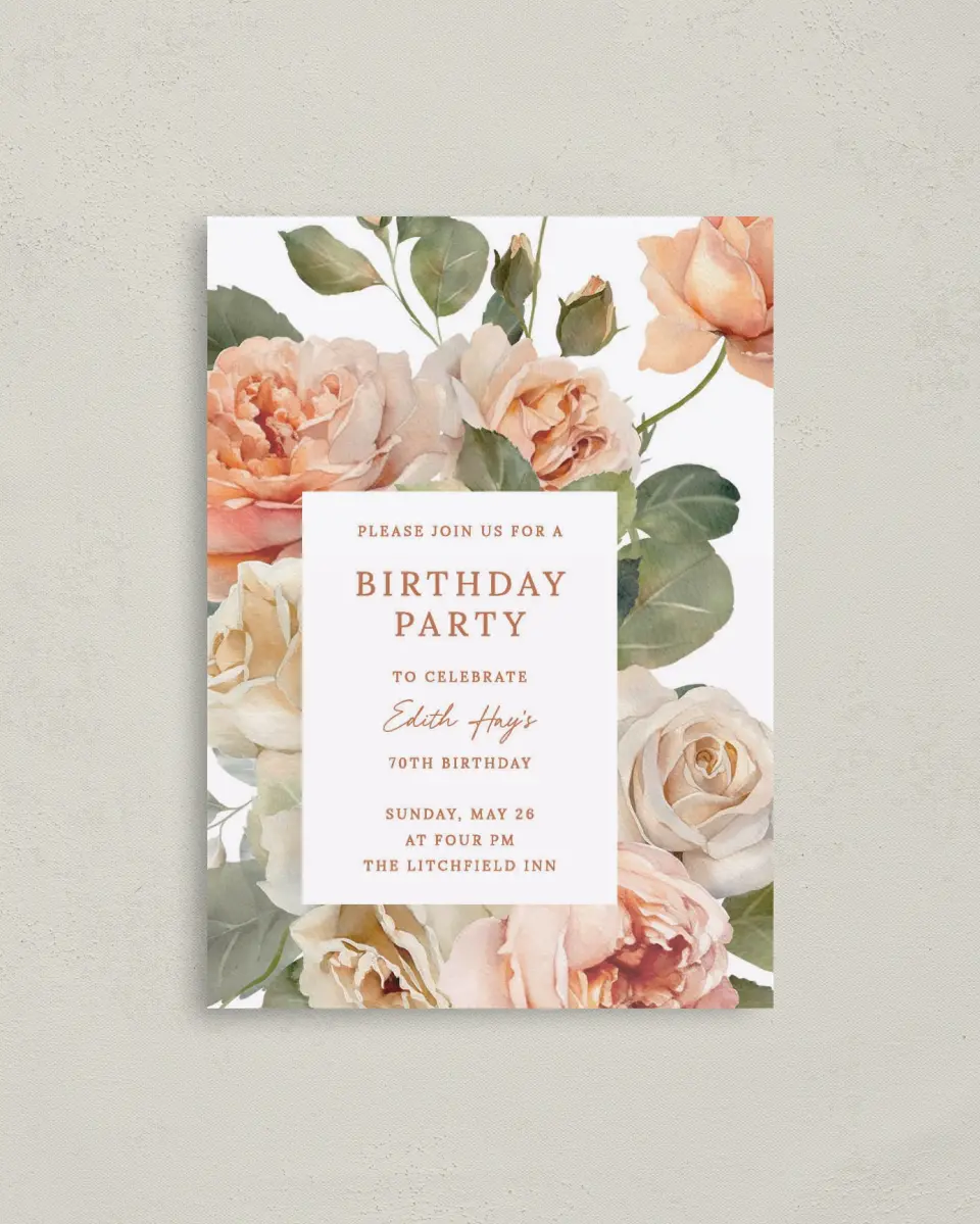 This is a 4" x 5.6" Birthday Party Invitation called Rose Garden printed in full color on Soft Touch Finish paper