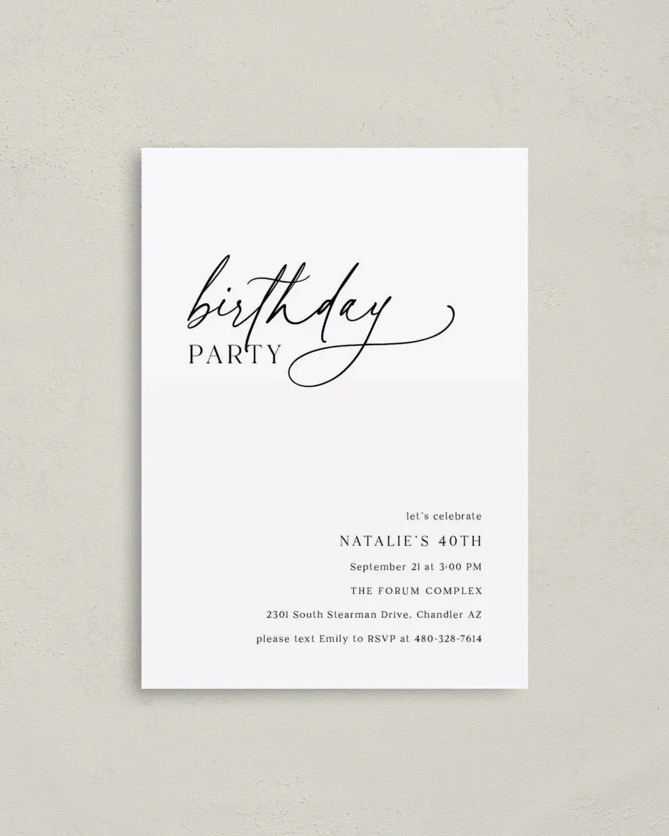 This is a 4" x 5.6" Birthday Party Invitation called Simply Scripted printed in full color on Soft Touch Finish paper