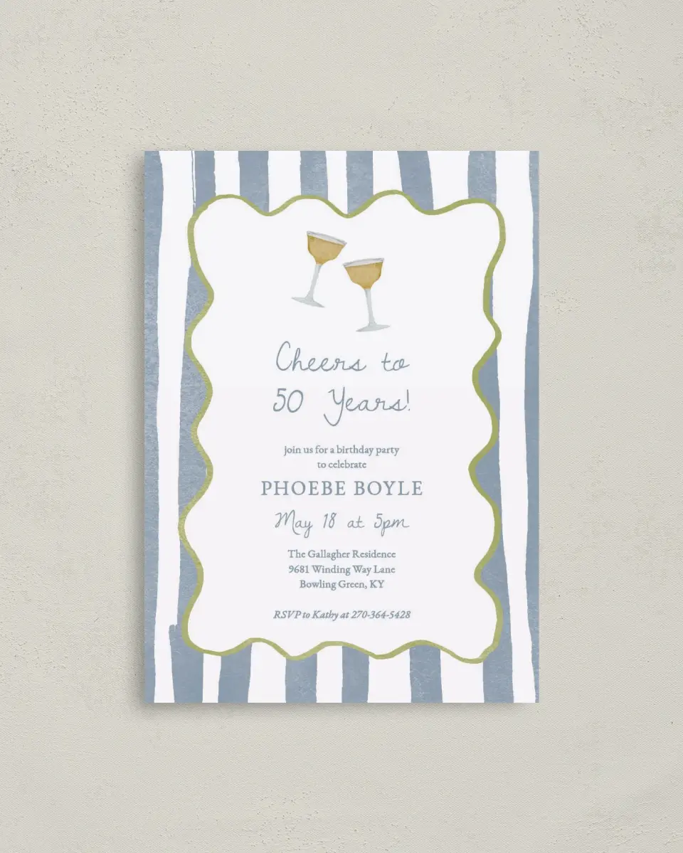 This is a 4" x 5.6" Birthday Party Invitation called Years of Cheers printed in full color on Soft Touch Finish paper