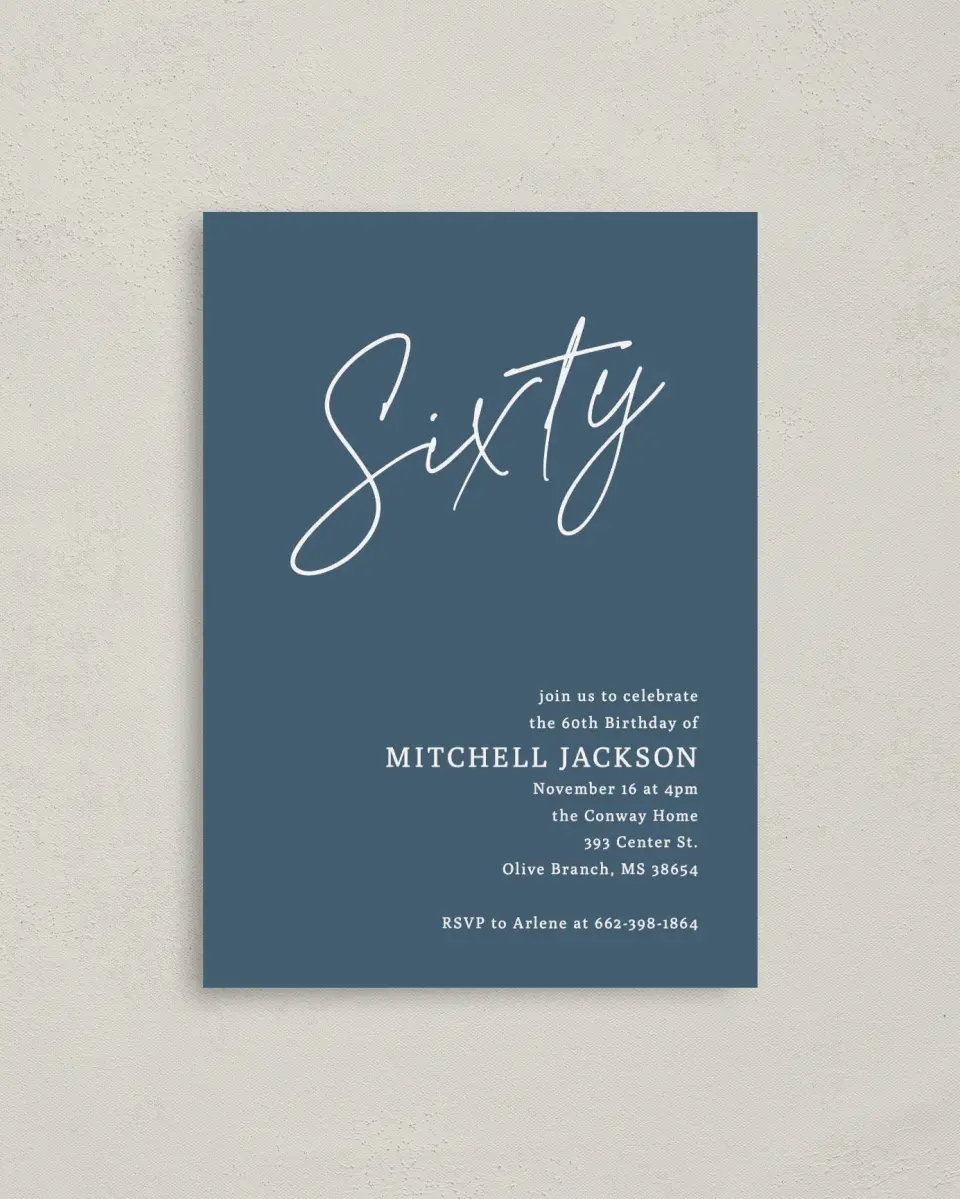 This is a 4" x 5.6" Birthday Party Invitation called Sleek Script printed in full color on Soft Touch Finish paper