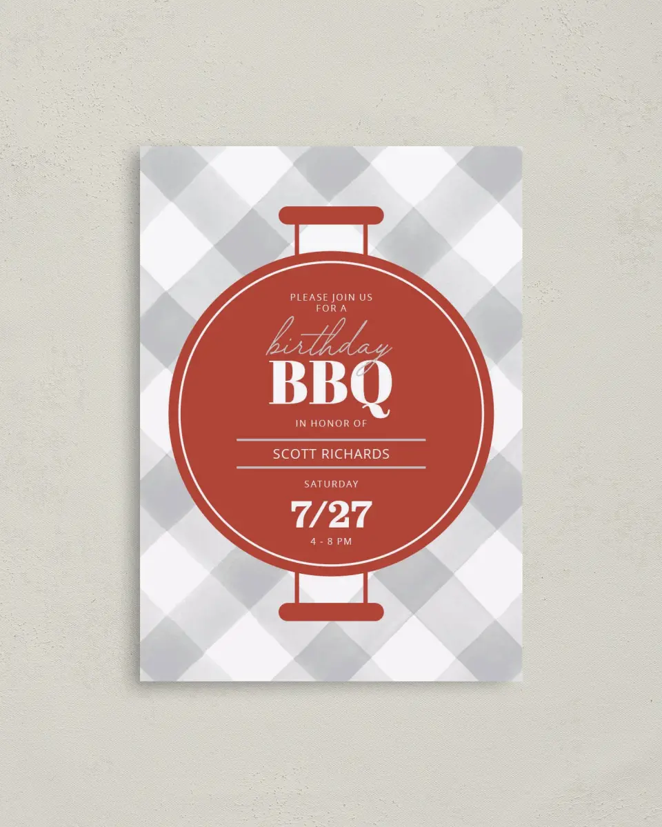 This is a 4" x 5.6" Birthday Party Invitation called BBQ Bash printed in full color on Soft Touch Finish paper
