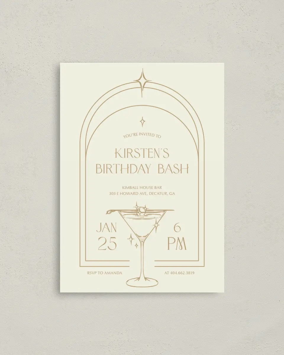 This is a 4" x 5.6" Birthday Party Invitation called Sparkling Sips printed in full color on Soft Touch Finish paper