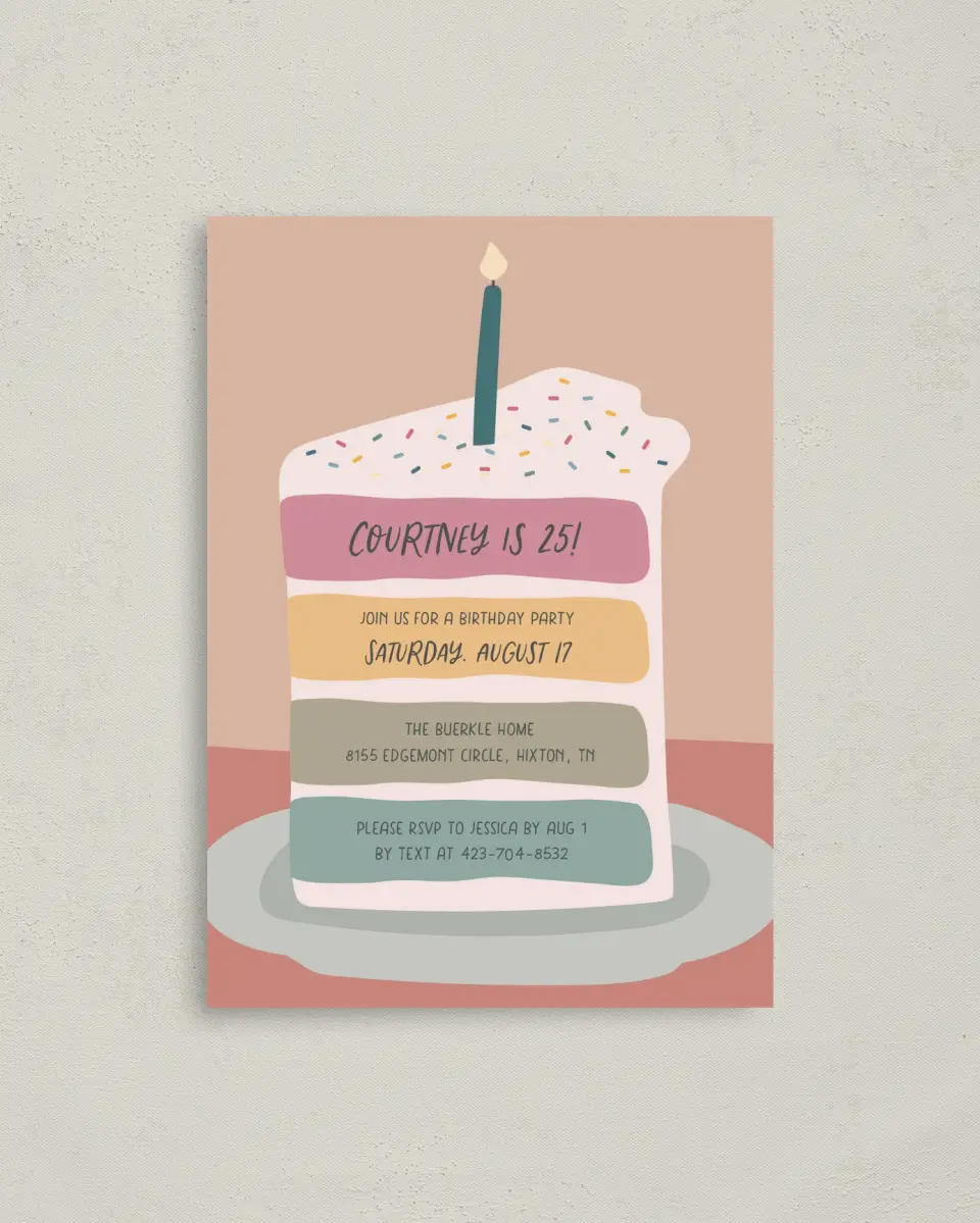 This is a 4" x 5.6" Birthday Party Invitation called Confetti Cake printed in full color on Soft Touch Finish paper