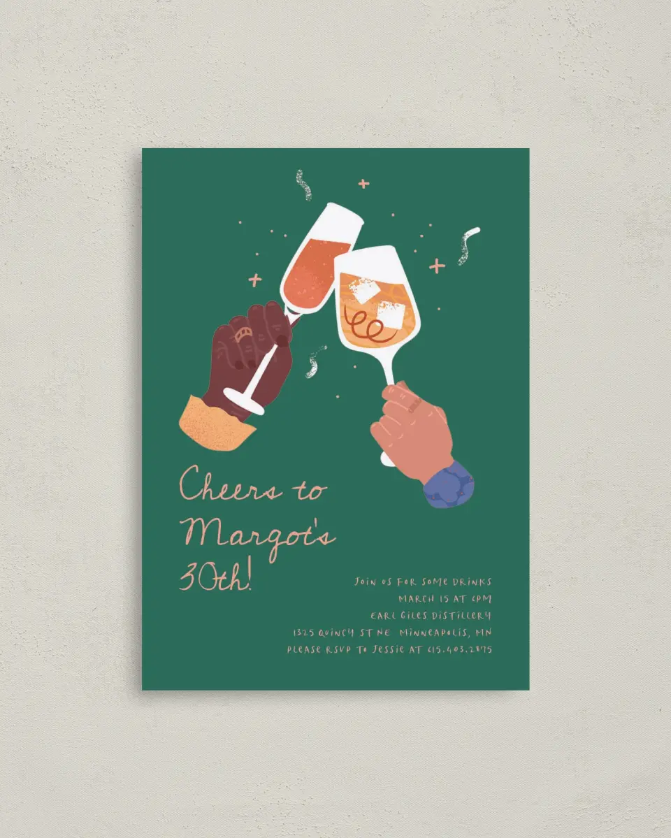 This is a 4" x 5.6" Birthday Party Invitation called Clink & Drink printed in full color on Soft Touch Finish paper