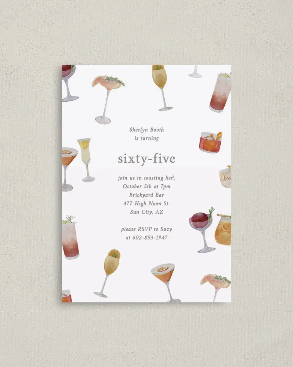 This is a 4" x 5.6" Birthday Party Invitation called Sophisticated Spirits printed in full color on Soft Touch Finish paper