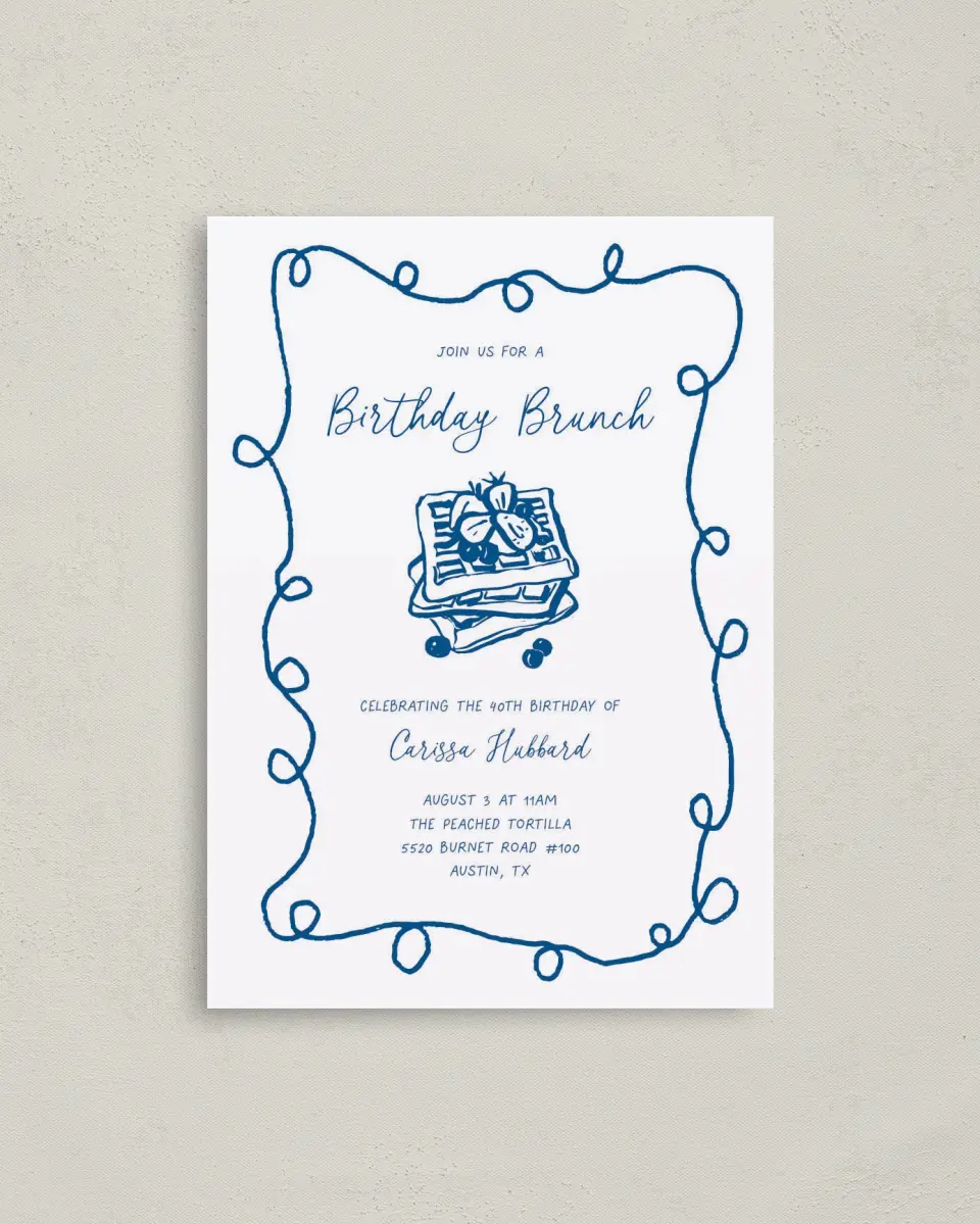This is a 4" x 5.6" Birthday Party Invitation called Birthday Brunch printed in full color on Soft Touch Finish paper