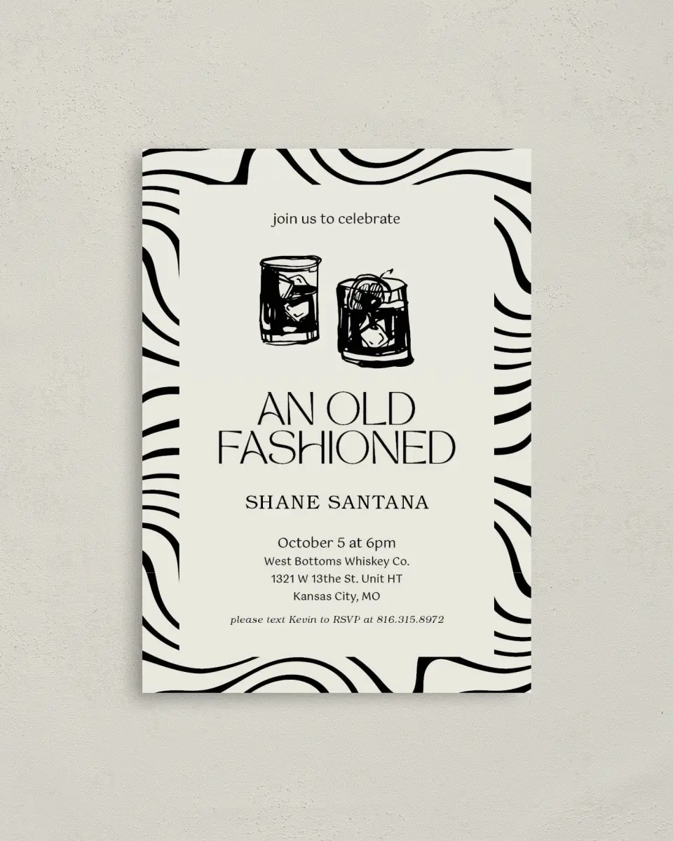 This is a 4" x 5.6" Birthday Party Invitation called Old Fashioned printed in full color on Soft Touch Finish paper