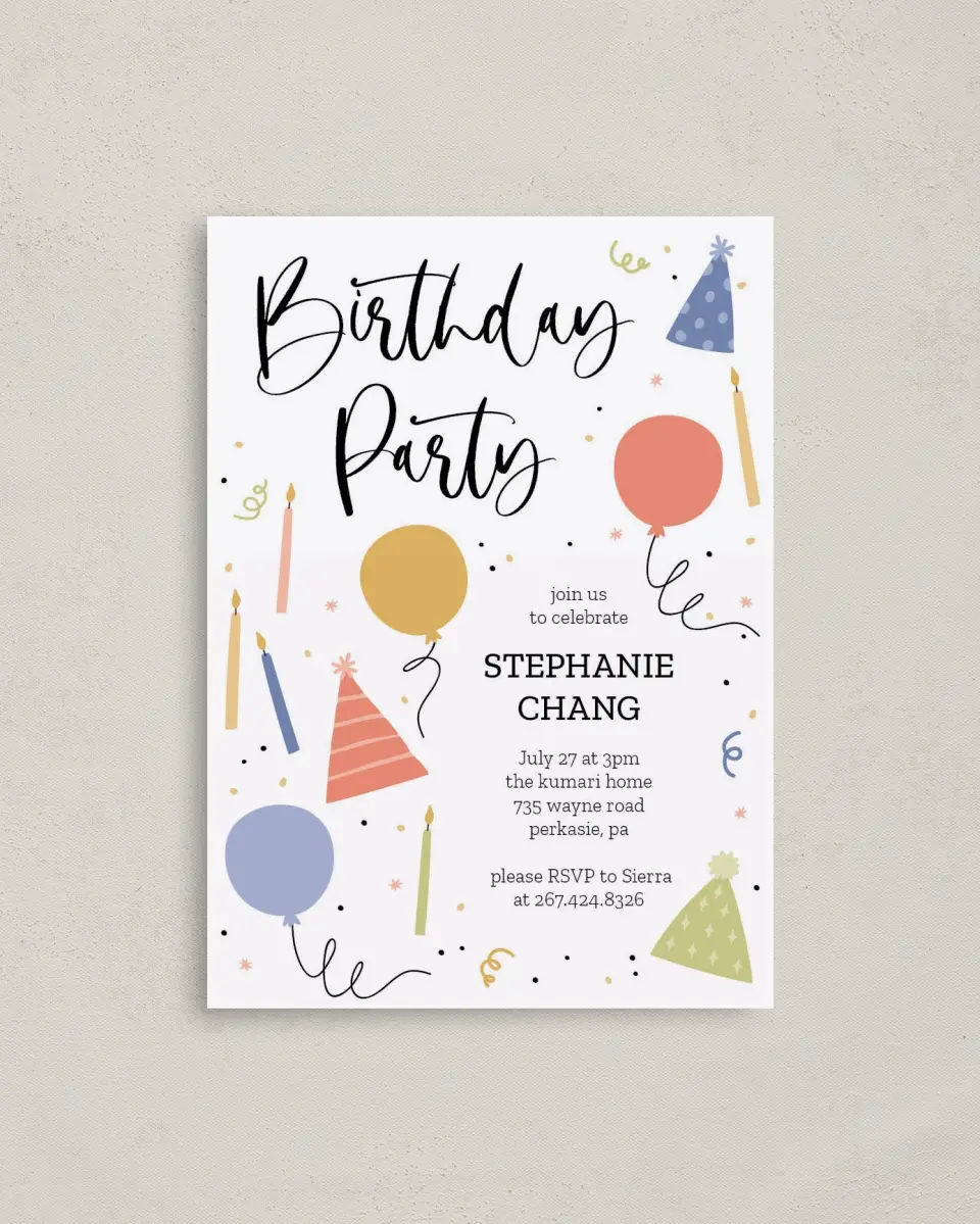 This is a 4" x 5.6" Birthday Party Invitation called Birthday Bonanza printed in full color on Soft Touch Finish paper
