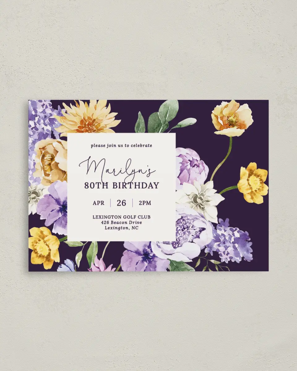 This is a 4" x 5.6" Birthday Party Invitation called Blossom Bliss printed in full color on Soft Touch Finish paper
