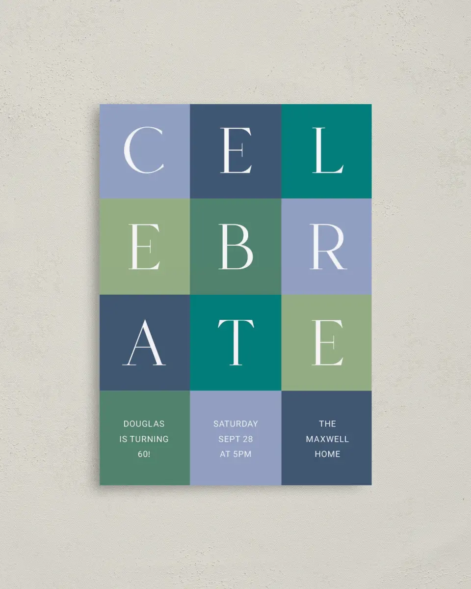 This is a 4" x 5.6" Birthday Party Invitation called Block Party printed in full color on Soft Touch Finish paper