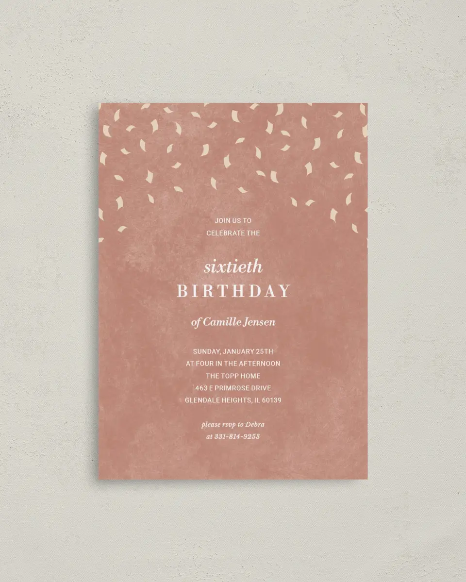 This is a 4" x 5.6" Birthday Party Invitation called Cascading Confetti printed in full color on Soft Touch Finish paper