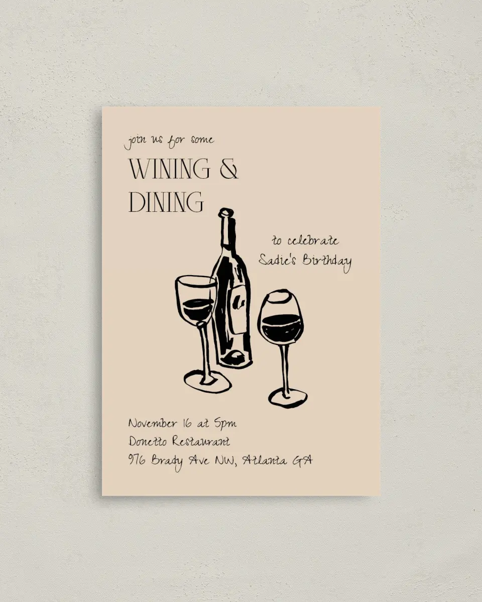 This is a 4" x 5.6" Birthday Party Invitation called Wining & Dining printed in full color on Soft Touch Finish paper