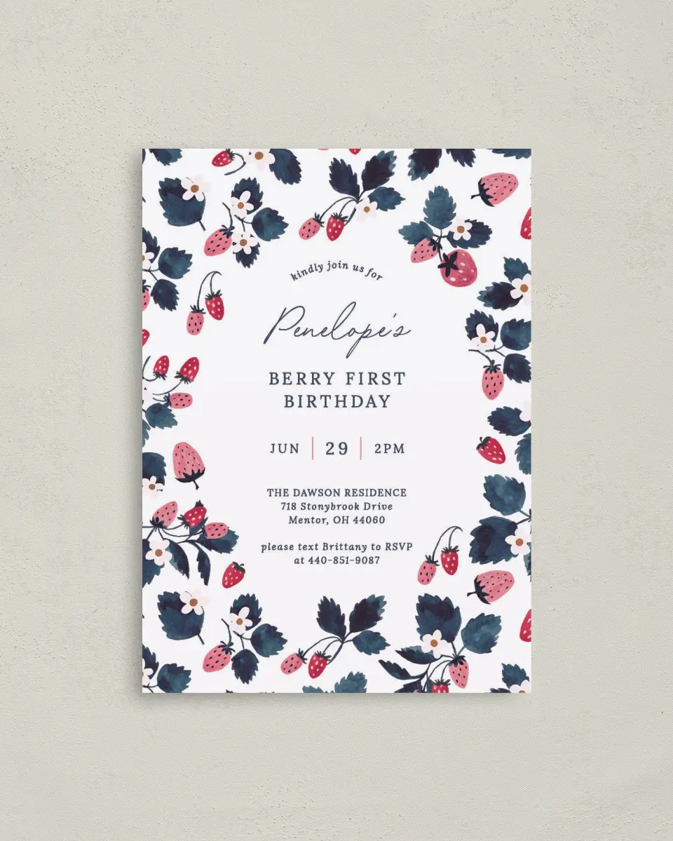 This is a 4" x 5.6" Birthday Party Invitation called Berry First printed in full color on Soft Touch Finish paper