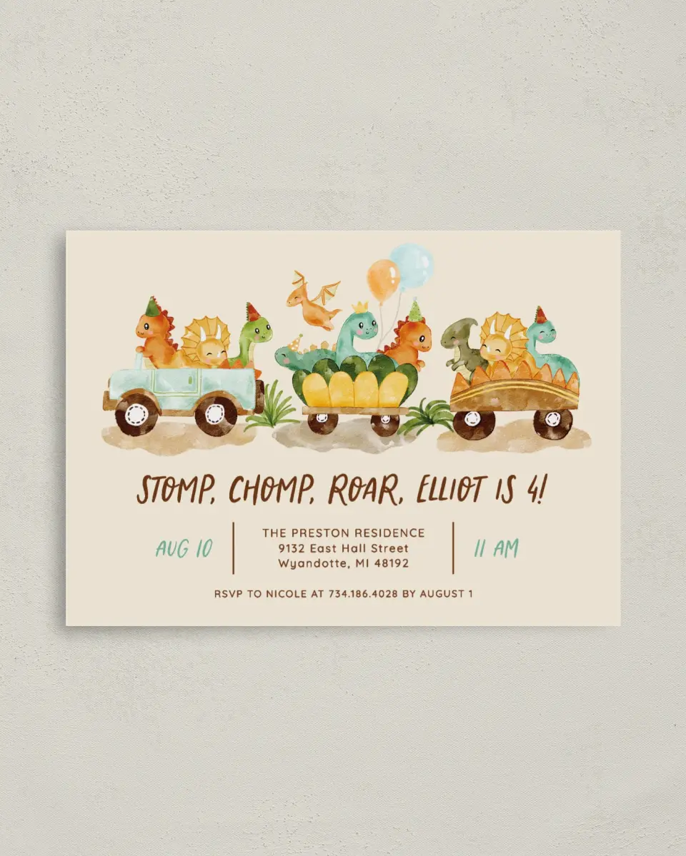 This is a 4" x 5.6" Birthday Party Invitation called Stomp Chomp Roar printed in full color on Soft Touch Finish paper