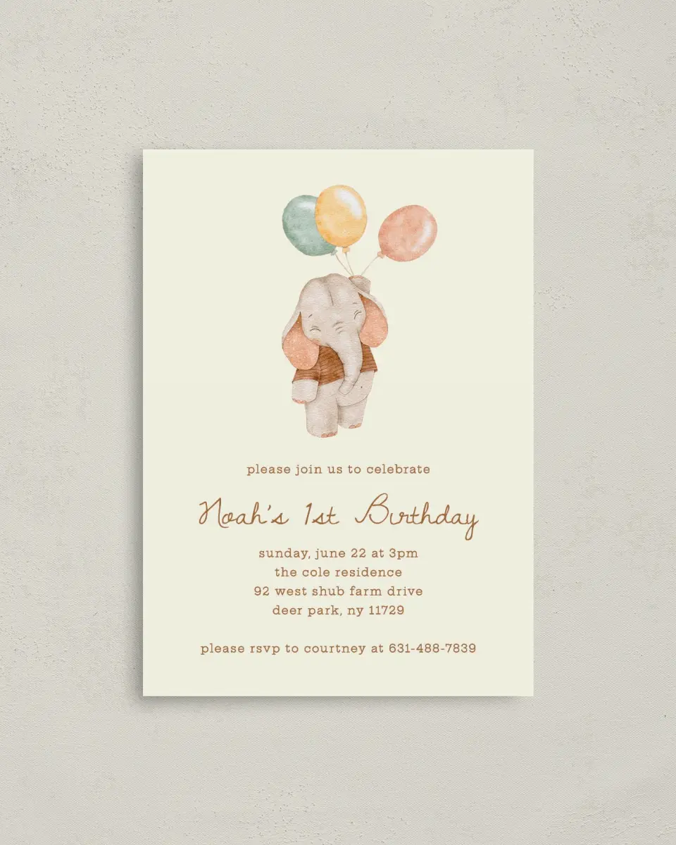 This is a 4" x 5.6" Birthday Party Invitation called Balloon Buddy printed in full color on Soft Touch Finish paper