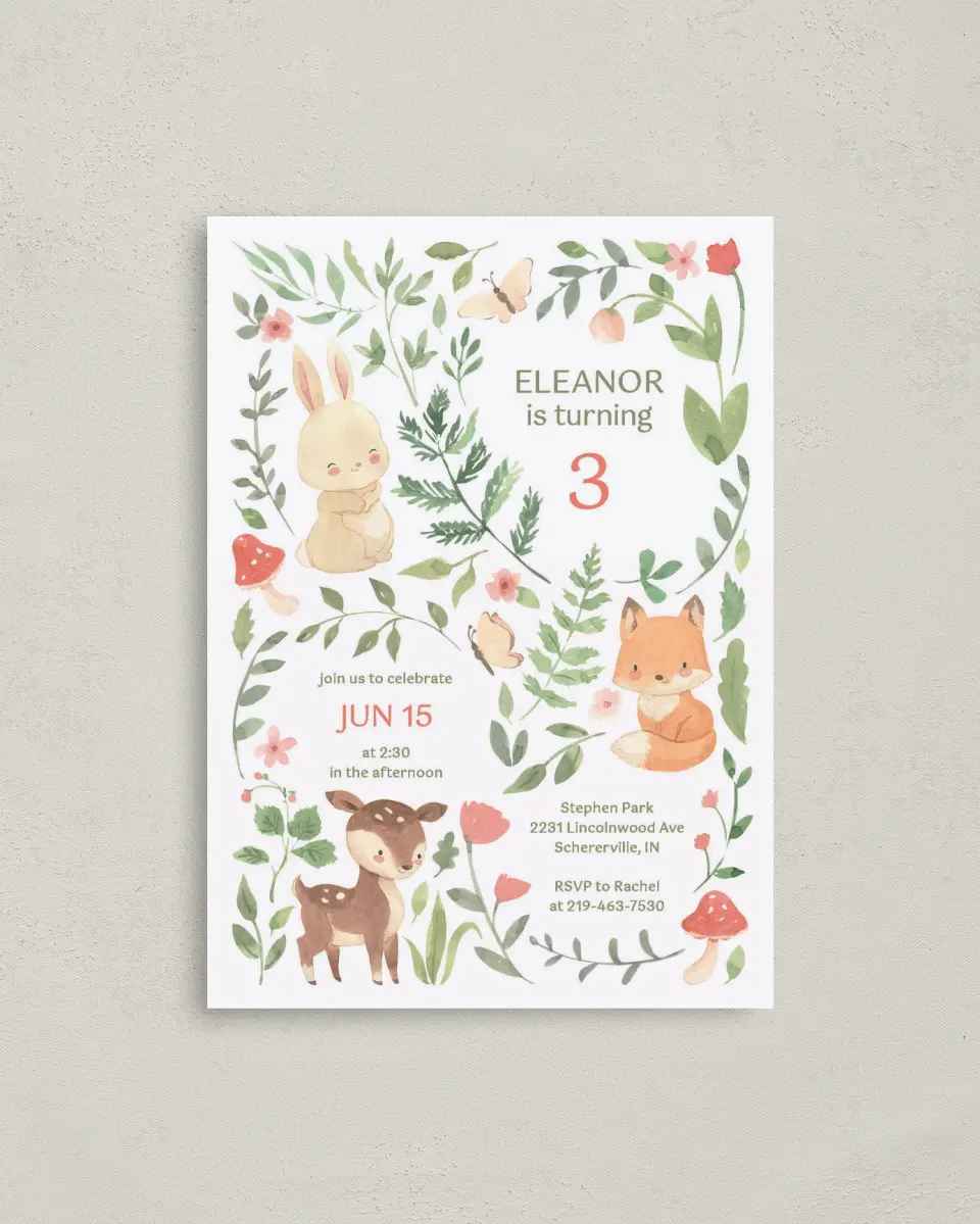 This is a 4" x 5.6" Birthday Party Invitation called Flora & Fauna printed in full color on Soft Touch Finish paper