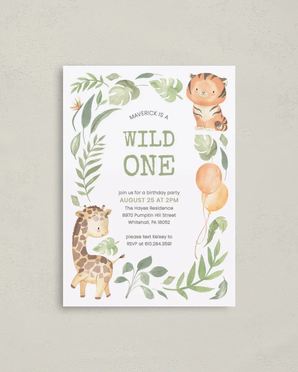 This is a 4" x 5.6" Birthday Party Invitation called Wild One printed in full color on Soft Touch Finish paper