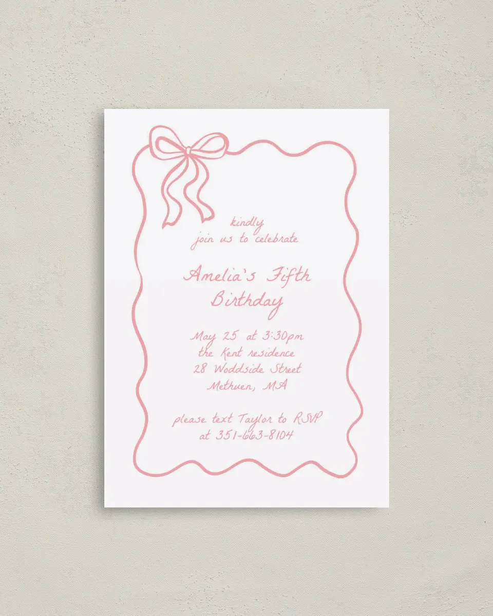This is a 4" x 5.6" Birthday Party Invitation called Ribboned Reverie printed in full color on Soft Touch Finish paper