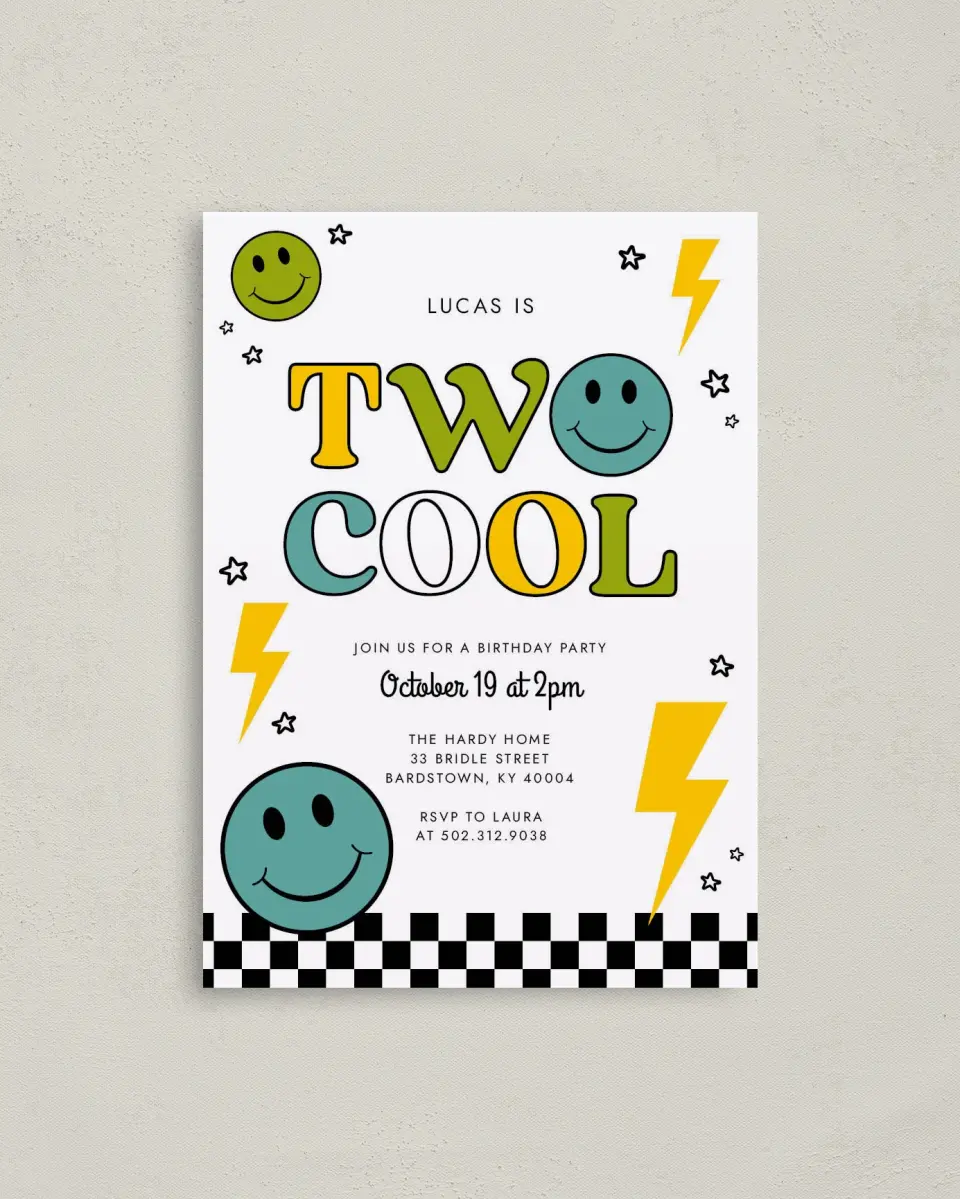 This is a 4" x 5.6" Birthday Party Invitation called Two Cool printed in full color on Soft Touch Finish paper