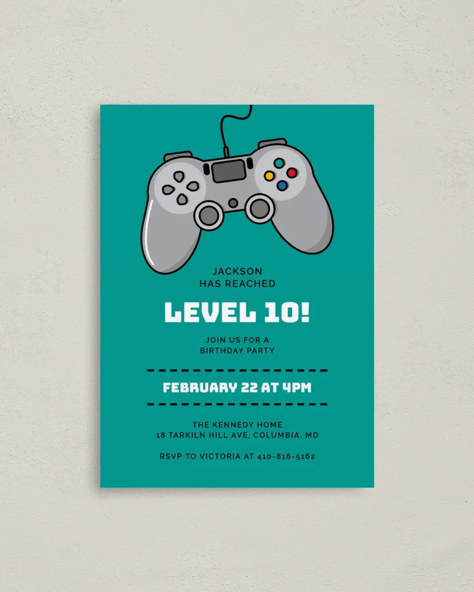 This is a 4" x 5.6" Birthday Party Invitation called Level Up printed in full color on Soft Touch Finish paper