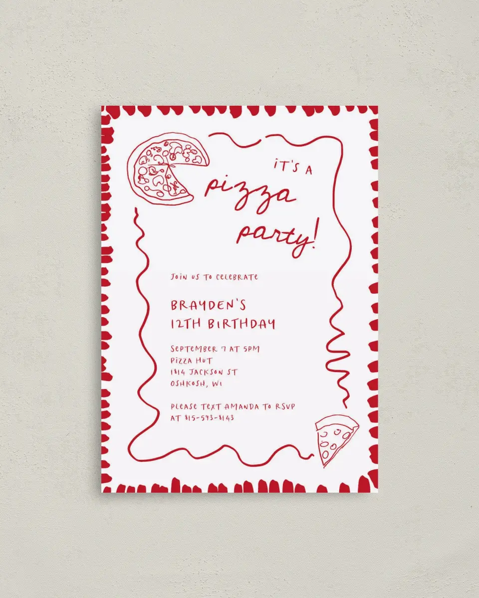 This is a 4" x 5.6" Birthday Party Invitation called Pizza Party printed in full color on Soft Touch Finish paper